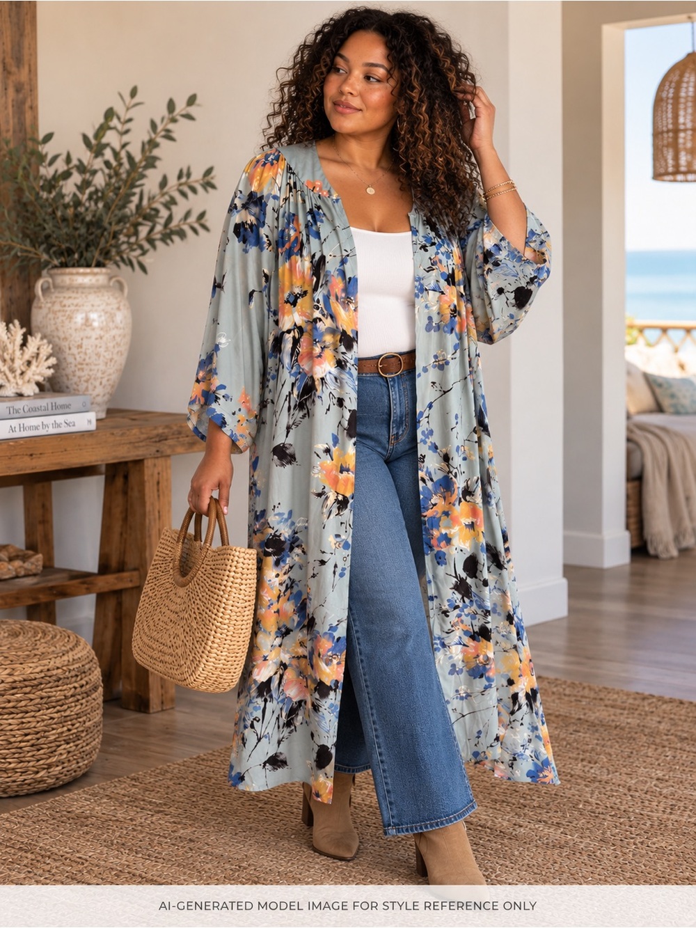 Bluheaven Blue Sage Floral Maxi Kimono Duster Boho Oversized NWOT